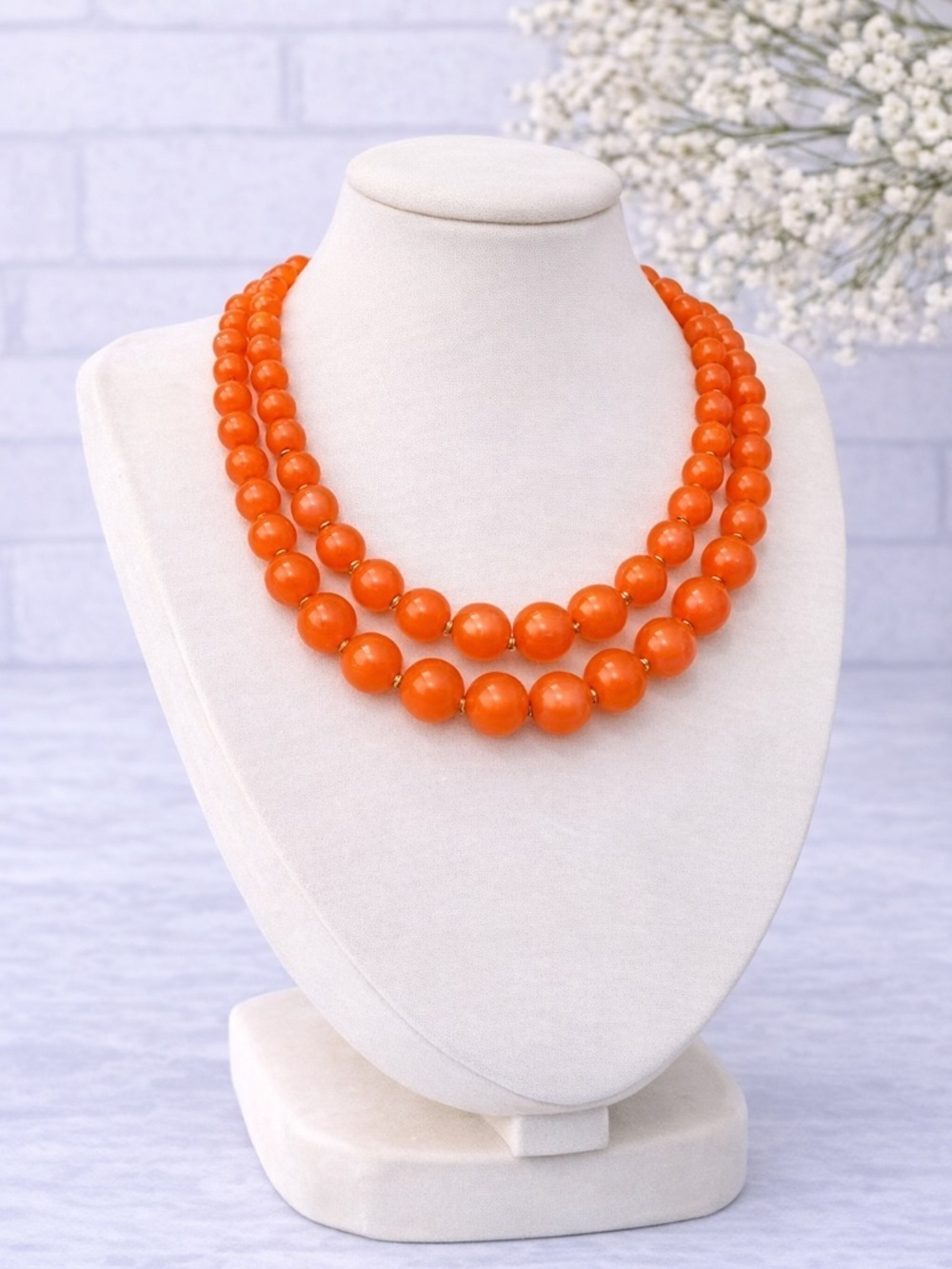 Vintage Orange Lucite Double-Strand Necklace Graduated Bead Statement Retro